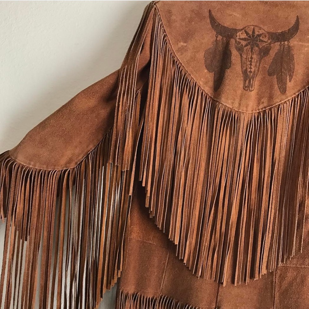 One of a kind hand drawn leather fringe jacket